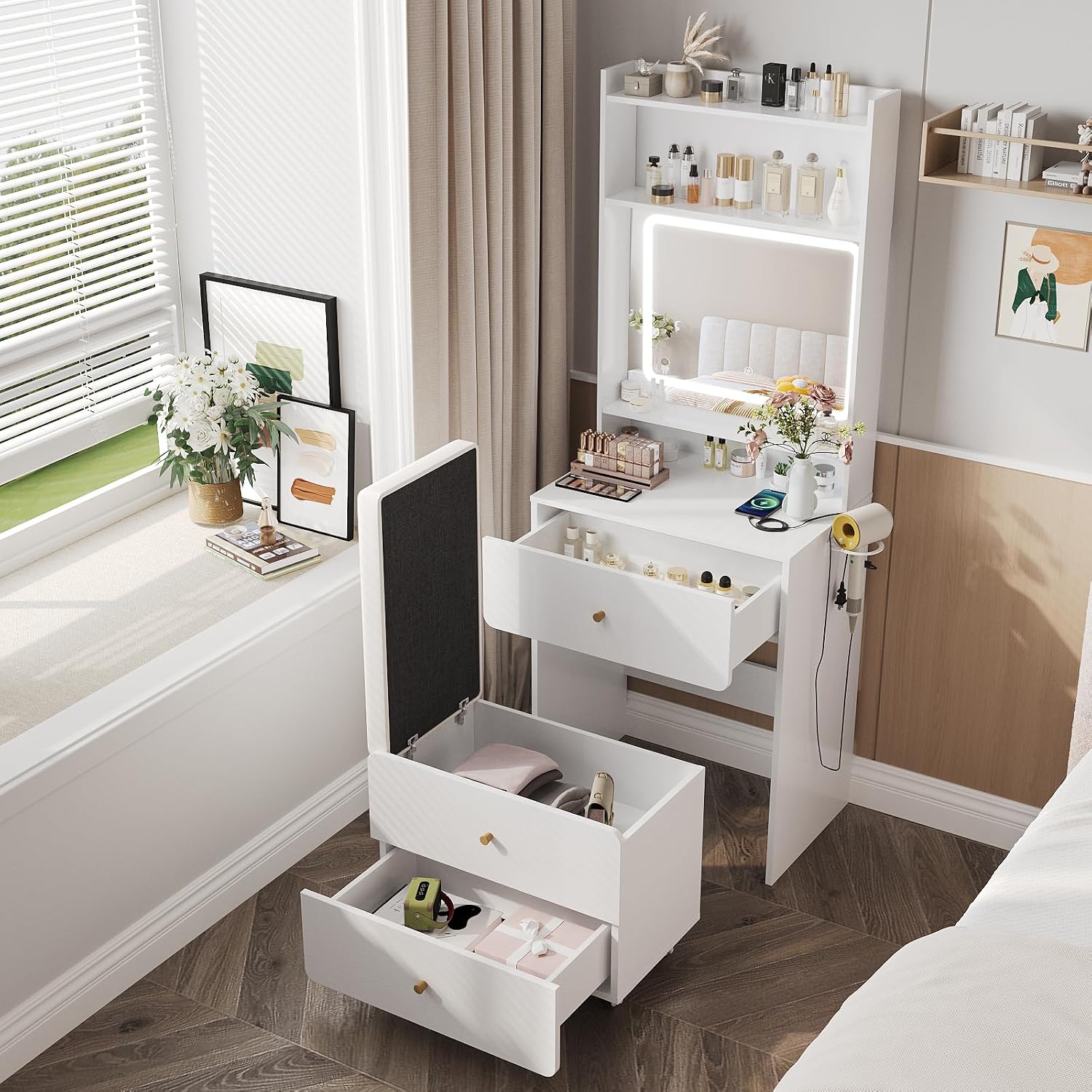 Desk Vanity Setup - Make Up Vanity Desk with Mirror